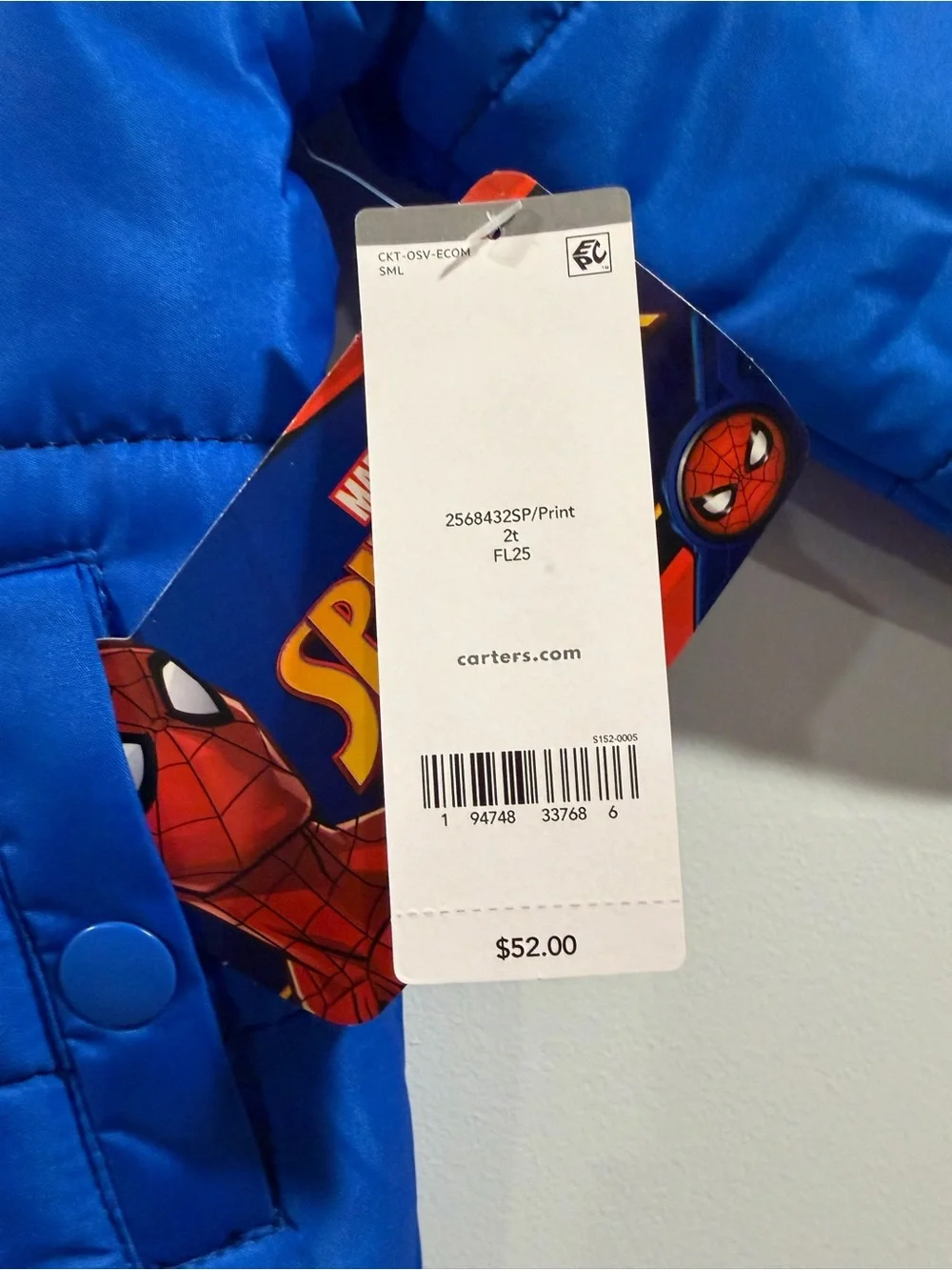 Carter's Red and Blue Spider-Man Hooded Puffer Jacket - Marvel NWT